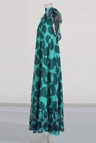 Sleeveless Halter Neck Open-Back Printed Chiffon Long Dress with Ruffle Hem