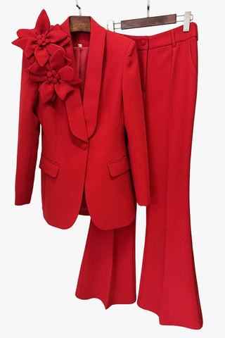 Floral Detail Tailored Suit Set – Structured Blazer & Wide Leg Pants
