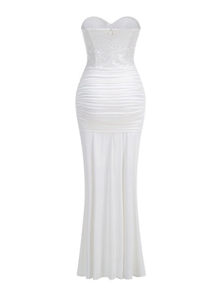 Sequin Corset Strapless Sweetheart Ruched Draped Long Dress