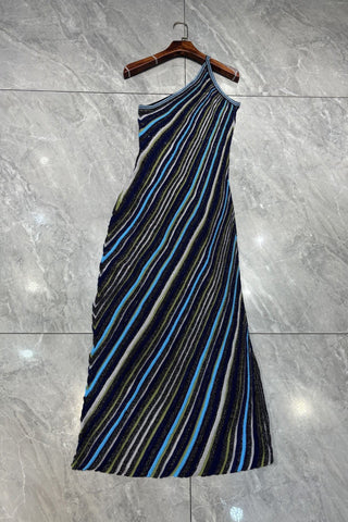 Metallic Striped One-Shoulder Knit Long Dress