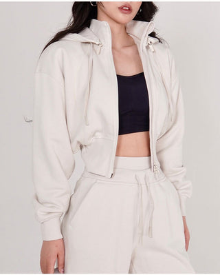Layered High-Neck Cropped Zip-Up Hoodie