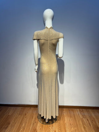 Crystal Draped Cape Neck Short Sleeve Long Dress