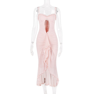 Sleeveless Stretch Mesh Long Dress with Front Cut-Out