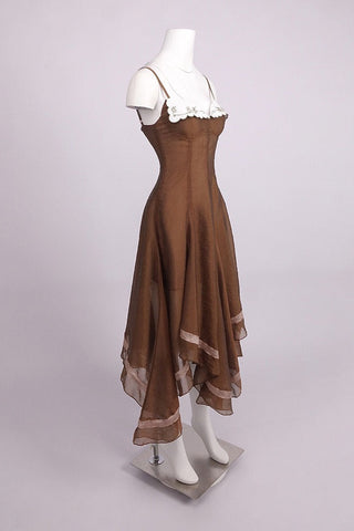 Spaghetti Strap Corset Organza Asymmetric Long Dress with Embroidered Collar Detail