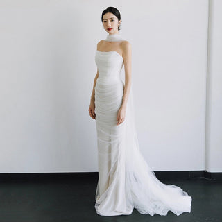 Strapless Ruched Tulle Mermaid Maxi Dress with Sheer Scarf