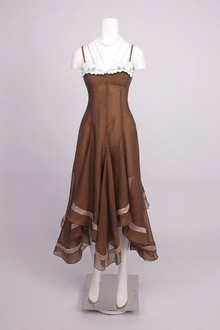 Spaghetti Strap Corset Organza Asymmetric Long Dress with Embroidered Collar Detail