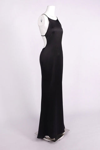 Satin Halter Long Dress with Crystal Open Back Detail
