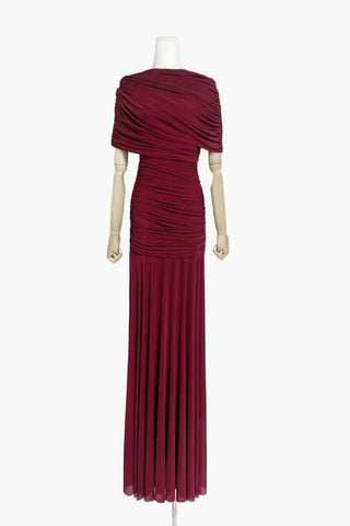 Ruched Off-Shoulder Long Dress – Draped Top & Flowing Skirt