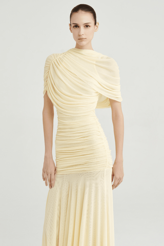 Ruched Off-Shoulder Long Dress – Draped Top & Flowing Skirt
