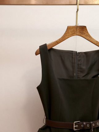 Sleeveless Short Structured Mini Dress with Layered Hem and Belt Detail