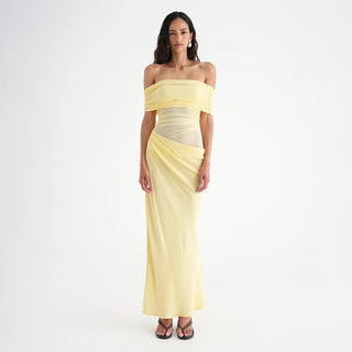 Off-Shoulder Ruched Mesh Cut-Out Long Dress