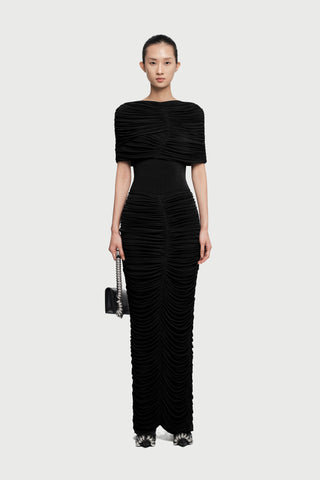 Velvet Ruched Cape Shoulder Short Sleeve Long Dress