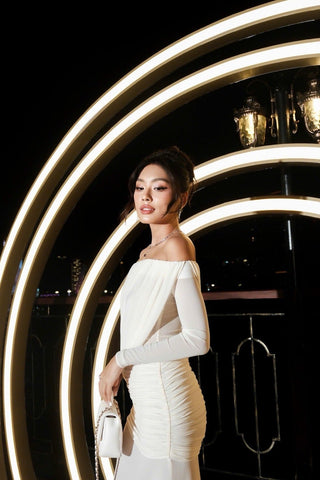 Off-Shoulder Draped Mesh Long Sleeve Long Dress