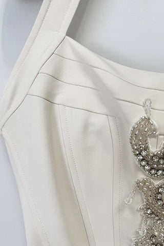 Crystal Embellished Corset Halter Neck Draped Crepe Long Dress