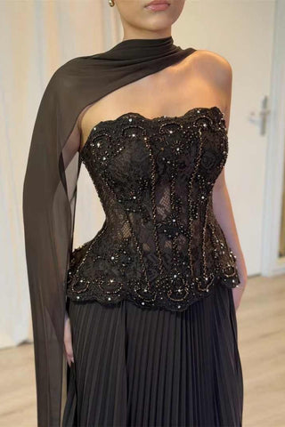 Strapless Sleeveless Beaded Lace Corset Pleated Long Dress with Draped Scarf