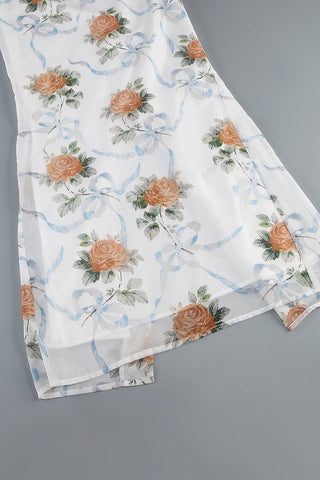 Floral Chiffon Corset Long Dress with Lace Strap Detail and Structured Bodice Design