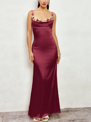 Floral Strap Satin Long Dress with Sleeveless Cowl Neck Design