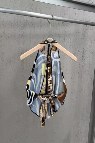 Abstract Swirl Print Satin Halter Top & High-Waisted Mini Skirt Set
