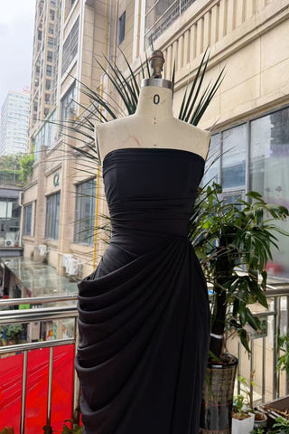 Strapless Ruched Long Dress with Lace-Up Back & High Slit