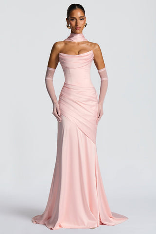 Satin Draped Corset Long Dress with Scarf – Elegant Strapless Design