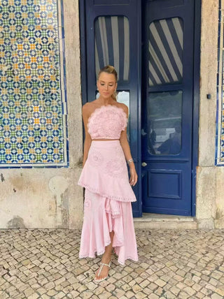 Strapless Lace Appliqué Crop Top & Tiered Asymmetric Long Skirt Set