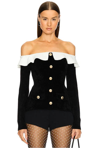 Ruffle Off-Shoulder Long-Sleeve Peplum Knit Top with Gold Button Detail