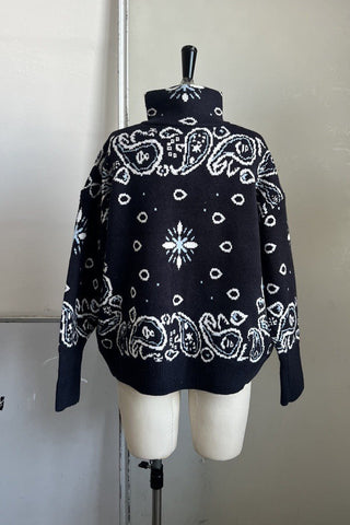 Fur Collar Zip-Up Knit Top – Long Sleeve Paisley Design