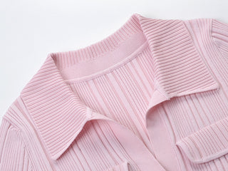 Ribbed Knit Long Dress with Collar and Button Detail