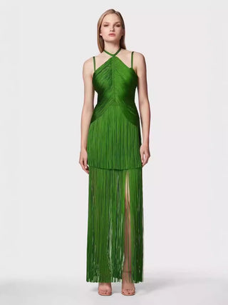 Fringe Halter Neck Bandage Long Evening Dress