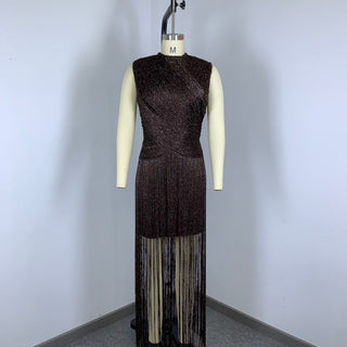 Metallic Fringe High Neck Sleeveless Long Dress