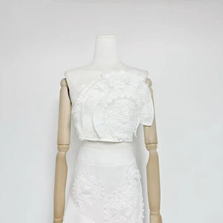 Strapless Lace Appliqué Crop Top & Tiered Asymmetric Long Skirt Set