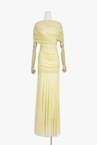 Ruched Off-Shoulder Long Dress – Draped Top & Flowing Skirt