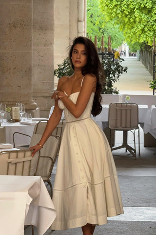 Romantic Corset Waist Midi Dress with Adjustable Lace-Up Back and Wide Straps