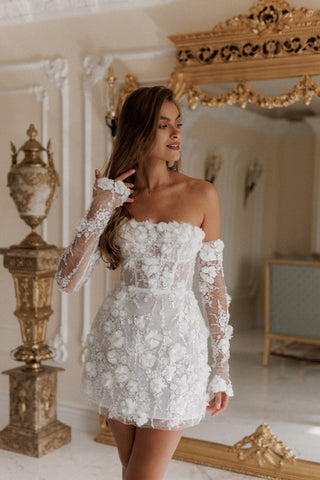 Floral Appliqué Corset Mini Dress with Lace Sleeves