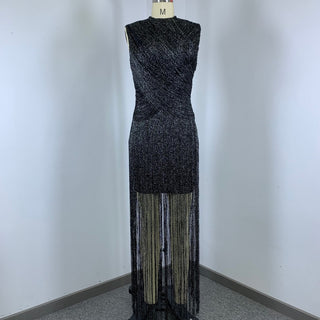 Metallic Fringe High Neck Sleeveless Long Dress