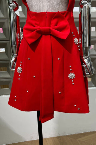 Crystal Embellished Open Back Bow Mini Dress