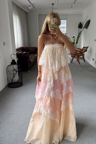 Tiered Lace Long Dress – Layered Ruffle Design, Crisscross Back & Flowy Fit