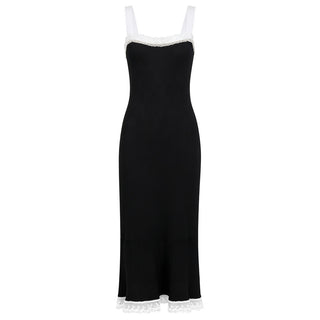 Lace Trim Ribbed Knit Long Dress