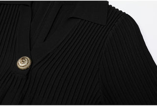 Ribbed Knit Collared V-Neck Short Sleeve Mini Dress with Flared Skirt