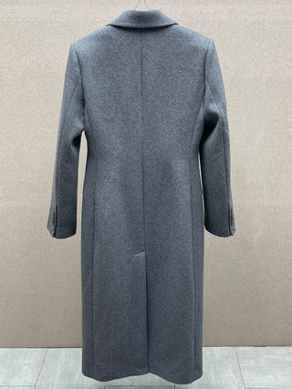 Tailored Button-Front Long Coat – Structured Waist Wool-Blend Style