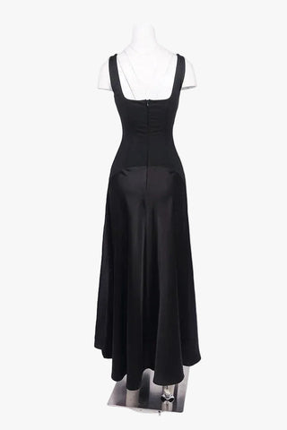 Square Neck Fitted Bodice Long Dress with Flared Satin Skirt