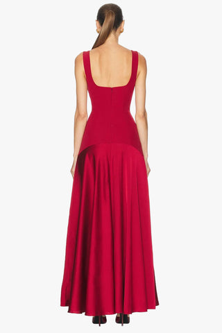 Square Neck Fitted Bodice Long Dress with Flared Satin Skirt