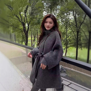Oversized Belted Wool-Blend Coat with High Neck