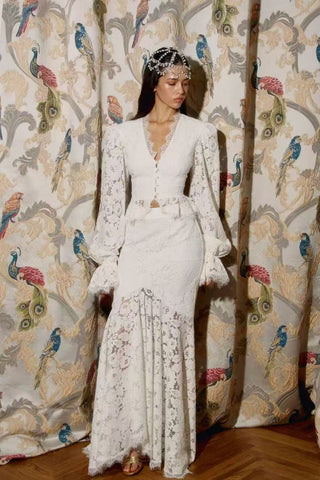 Elegant Lace Set – Long Sleeve Top with Flowy Midi Skirt
