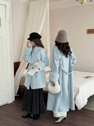 Luxury Wool-Blend Wrap Coat with Faux Fur Cuff Sleeves