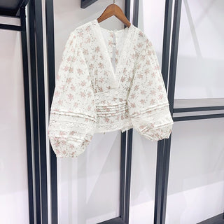 Floral Lace Trim Balloon Sleeve Blouse