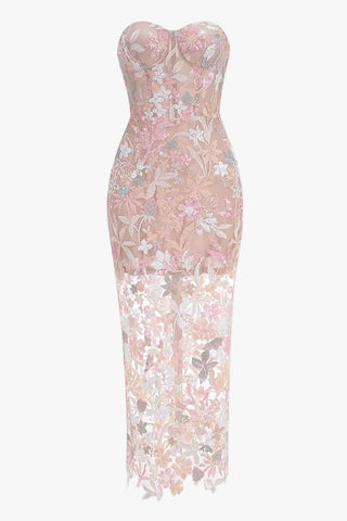 Strapless Embroidered Lace Long Dress – Sleeveless, Structured Bodice, Floral Lace Finish