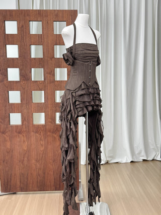 Corset Halter Asymmetric Ruffle Long Dress with Lace-Up Back