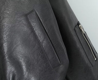 Cropped Faux Leather Bomber Jacket with Zip Detail
