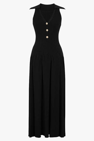 Ribbed Knit Sleeveless Collared V-Neck Long Dress with Gold Buttons & Flared Skirt